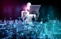 Robot humanoid using tablet computer for global network connection Royalty Free Stock Photo