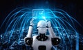 Robot humanoid using tablet computer for global network connection Royalty Free Stock Photo