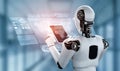 Robot humanoid using tablet computer for global network connection Royalty Free Stock Photo