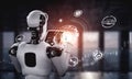 Robot humanoid using tablet computer for global network connection Royalty Free Stock Photo