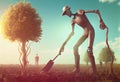 Robot humanoid watering planted seedling of tree in foret on sunny autumn day. Outdoor. Android planting trees for saving planet.