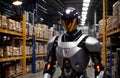 Robot humanoid working in warehouse concept background, robotic ai banner with copy space text Royalty Free Stock Photo