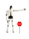 The robot indicates sale