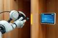 Robot inspecting wooden joints with sensor Royalty Free Stock Photo