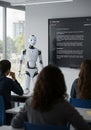 Robot instructor in classroom with students and digital display Royalty Free Stock Photo