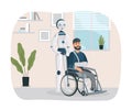 Robot interact with handicapped person. Cartoon cyborg pushing man with arm and leg injuries on wheelchair