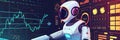 Robot interacting with digital interface displaying charts and data. Futuristic AI technology in data analysis and
