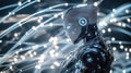 A robot interacts with a glowing neural network display. Generative Ai