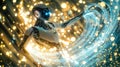 A robot interacts with a glowing neural network display. Generative Ai