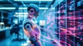 A robot interacts with a glowing neural network display. Generative Ai
