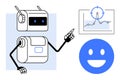 Robot Interpreting Data Insights with Graphs and Positive Customer Experience Icon Royalty Free Stock Photo