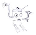 Robot jack of all trades. Mechanical monster with a hammer in his hand. Cartoon style.