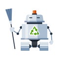 Robot janitor holding broom cartoon icon. Android on wheels with besom, floor brush.