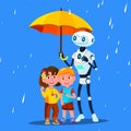 Robot Keeps An Open Umbrella Over Little Child During The Rain Vector. Isolated Illustration