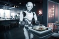 Robot in the kitchen of a restaurant. 3d rendering. Futuristic AI robot serving dishes in the restaurant, AI Generated