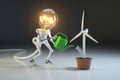 Robot lamp watering wind generator in a pot. The concept of environmental protection Royalty Free Stock Photo