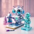 Robot and laptop computer. 3d rendering. Royalty Free Stock Photo