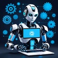 robot with laptop, an engaging image of robot ai assistant offering support depicted with floating gears, generative AI