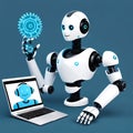 robot with laptop, an engaging image of robot ai assistant offering support depicted with floating gears, generative AI