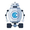 Robot laundry on wheels cartoon icon. Anthropomorphous mechanism with washing machine. Royalty Free Stock Photo