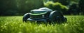 Robot lawn mower on green grass, generative ai