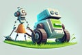 A robot with a lawnmower on the front mows a hillside Royalty Free Stock Photo