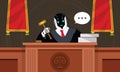 Robot lawyer or judge sit on the throne in the courtroom. Humanoid working at workplace with gavel books and briefcase artificial