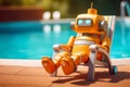 robot laying on deck chair near swimming pool Royalty Free Stock Photo