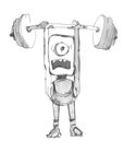 Robot lifts the bar. Robot athlete. Strong robot. Cartoon style drawing.