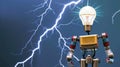 Robot with Light Bulb in Thunderstorm Royalty Free Stock Photo