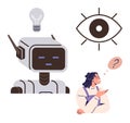 Human Reflecting on Artificial Intelligence with Robot, Eye Symbol, and Lightbulb Signifying Innovation Royalty Free Stock Photo