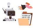 Robot with ideas, binary code document, and flying woman representing innovation and technology Royalty Free Stock Photo