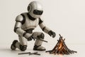 The robot lights a fire with sticks. Space for text. Royalty Free Stock Photo