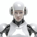 Robot listening music with headphones,  White background Royalty Free Stock Photo