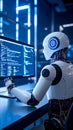 Robot looking at computer screen with coding artificial intelligence concept future technology Royalty Free Stock Photo