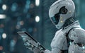 Robot looking for information on a tablet. AI centered world concept. Neural networks, deep learning, tech savvy, augmented