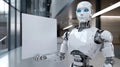 The robot looks like a woman with a blank sign. She is presenting an AI report about the stock market (AI).