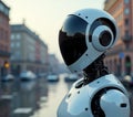 The robot looks at the world. Ultra realistic, volume, path, 3D rendering