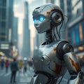The robot looks at the world. Ultra realistic, volume, path, 3D rendering