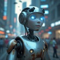 The robot looks at the world. Ultra realistic, volume, path, 3D rendering