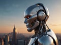 The robot looks at the world. Ultra realistic, volume, path, 3D rendering