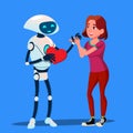 Robot In Love With Girl, Red Heart Vector. Isolated Illustration Royalty Free Stock Photo