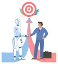 Robot machine businessman handshake, vector illustration. Ai and human future cooperation towards common business goal.