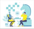 Robot machine and man playing chess, strategy board game, flat vector illustration. Robots superiority. AI vs human.