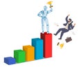 Robot machine winner standing on bar chart top and businessman falling down from it. Artificial intelligence, vector. Royalty Free Stock Photo