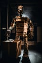 A robot made out of cardboard standing next to a box. AI generative image. Royalty Free Stock Photo