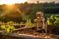 A robot made out of wooden blocks in a garden. Generative AI image. Royalty Free Stock Photo