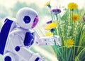 A robot holding a yellow dandelion.