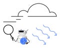 Robot Analyzing Cloud Computing with Magnifier and Downward Arrows for Data and Cost Insights Royalty Free Stock Photo