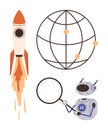 Robot Analyzing Data with Magnifying Glass, Rocket Launching, and Global Connectivity Concept Royalty Free Stock Photo